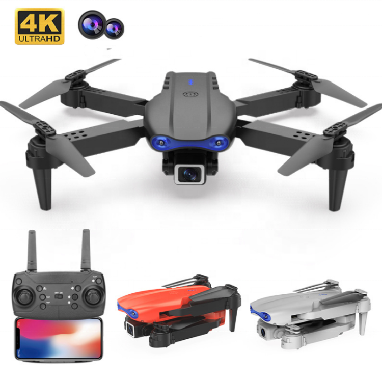 Foldable quadcopter drone with front camera and foldable arms, plus handheld remote
