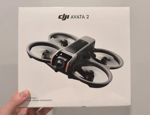 DJI Avata 2 drone with four propellers, dark gray body and forward camera