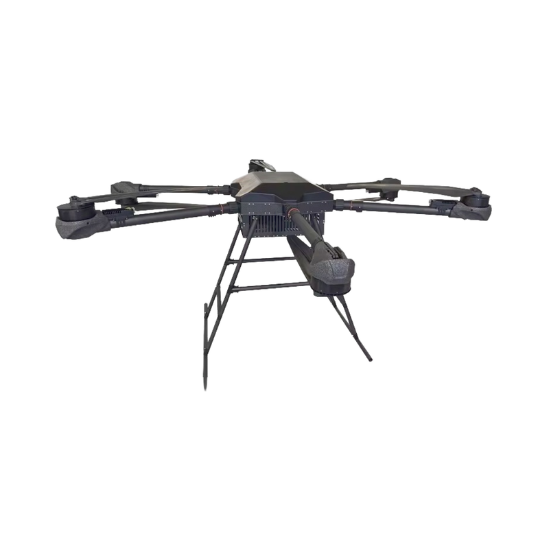 Remote-controlled drone crane with four-arm frame, black body and three support legs