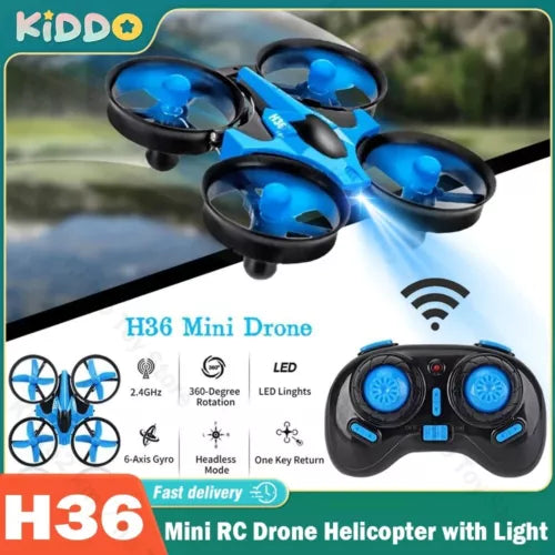 Blue mini RC quadcopter drone with LED lights and four propellers