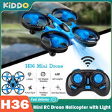 Blue mini RC quadcopter drone with LED lights and four propellers