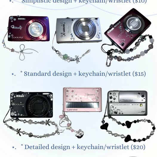 Decorative camera keychains with chain, featuring three colorful camera-style designs