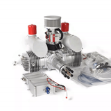 Aluminum two-stroke model gasoline engine with red caps and air filter, electronic ignition parts
