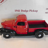Danbury Mint 1941 Dodge pickup diecast, red truck with black wheels and open bed.