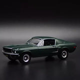 Green 1968 Mustang diecast model car, side view with chrome wheels
