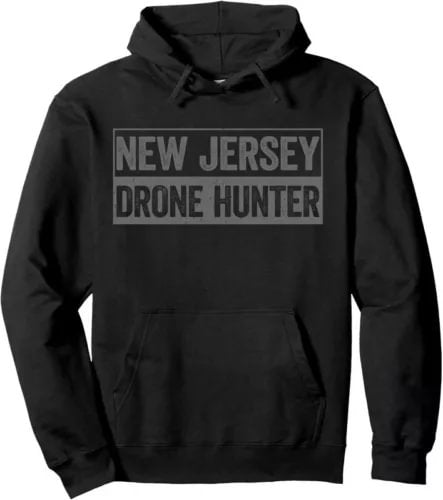 Black hooded sweatshirt with large front 'New Jersey Drone Hunter' print