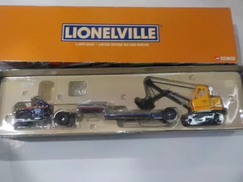 Lionelville diecast Mack truck with lowboy trailer and luffing shovel parts, in box