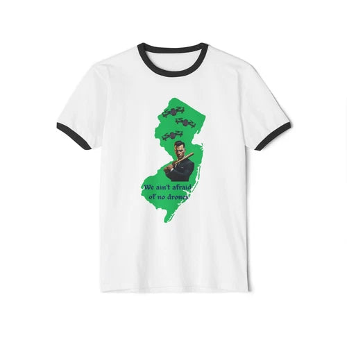 Unisex cotton ringer T-shirt, white with black trim and green drone graphic.