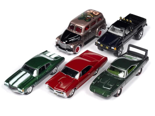 1/64 diecast model cars set: red, green and dark vehicles