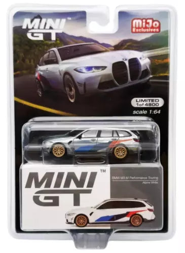 Mini GT 1:64 diecast car, white with blue accents and gold wheels in blister pack
