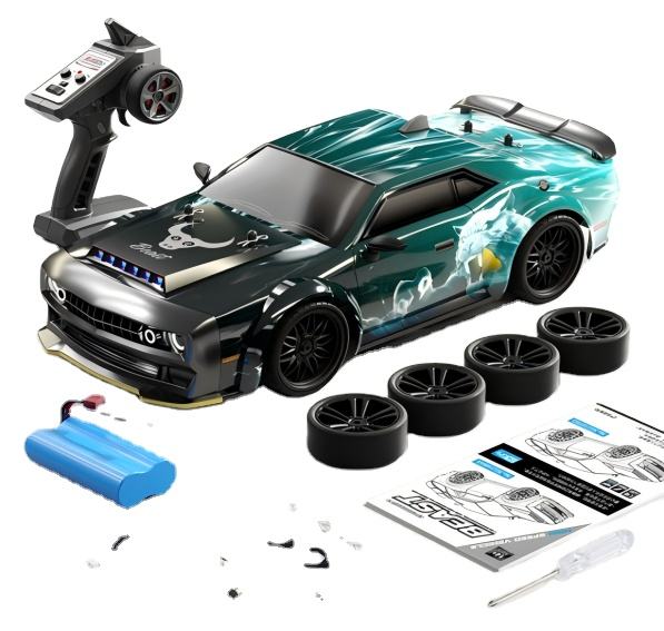 Teal RC drift racing car with remote controller, extra wheels, and USB cable