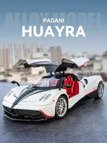 Diecast model car toy: white Pagani Huayra roadster with red interior and open hood