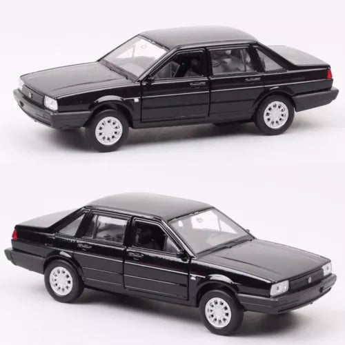 1:36 scale black diecast sedan model car, front three-quarter view