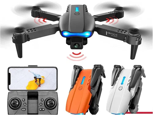 Mini FPV drone with built-in camera, dark gray body and blue status lights