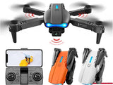 Mini FPV drone with built-in camera, dark gray body and blue status lights