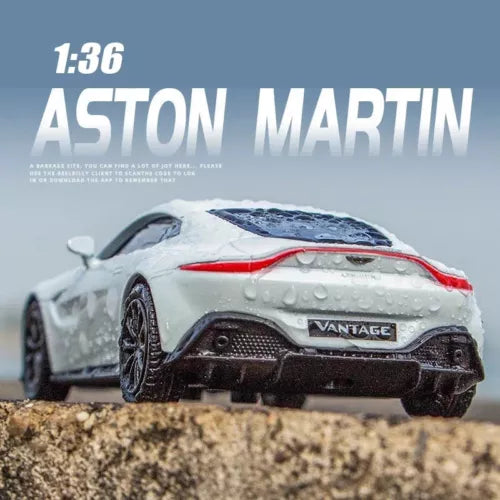 1:36 Aston Martin Vantage diecast toy car, white with red racing stripe and front grille