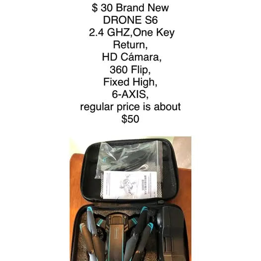 Foldable drone with protective carrying case, battery and propellers visible