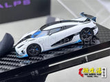 1:64 white and blue sports diecast car with black wheels, front 3/4 view