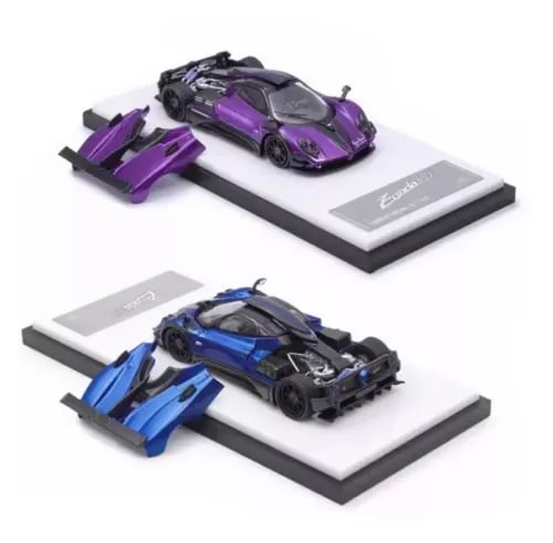 1:64 diecast supercar model with display base and removable parts, purple and blue