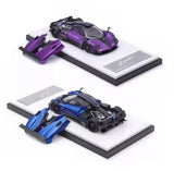 1:64 diecast supercar model with display base and removable parts, purple and blue