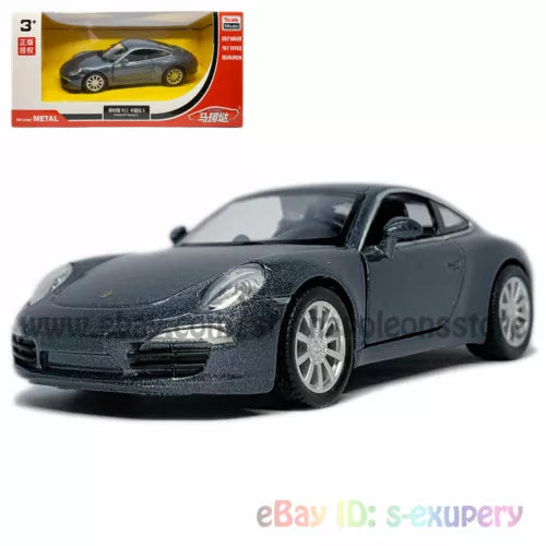 1:36 Porsche 911 Carrera S diecast model car, dark gray front 3/4 view