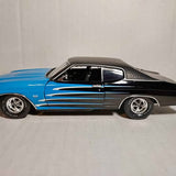 1970 Chevy Chevelle die-cast car, blue/black SS stripes, 1:24 scale