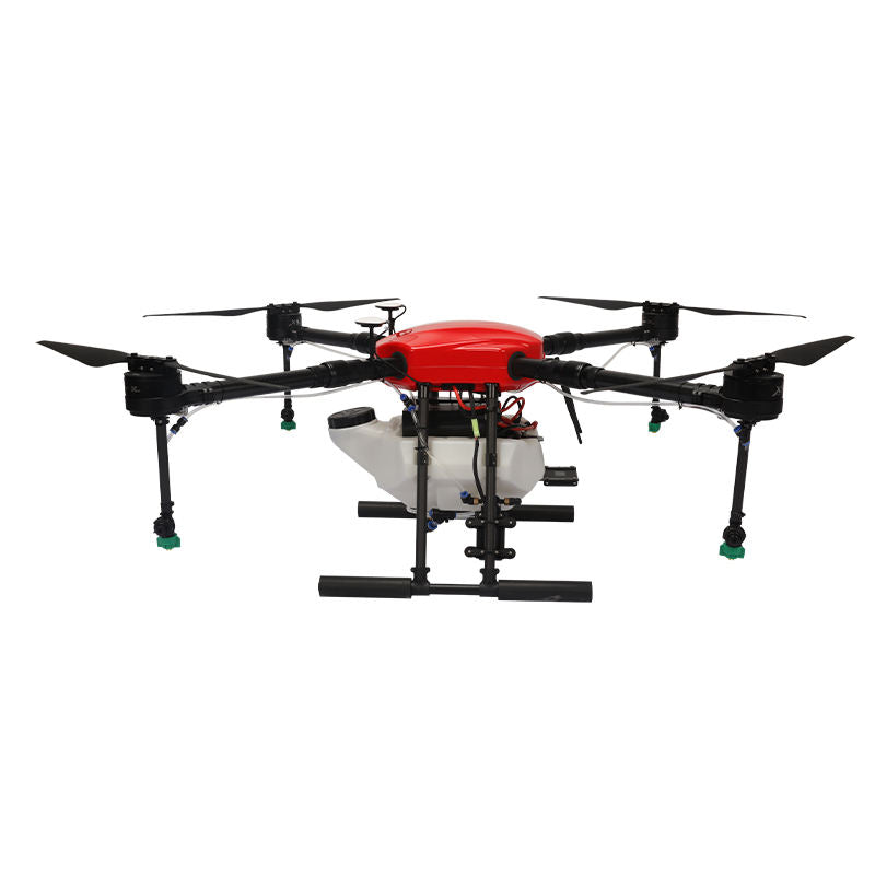 Agricultural spraying drone with red tank and black quadcopter arms
