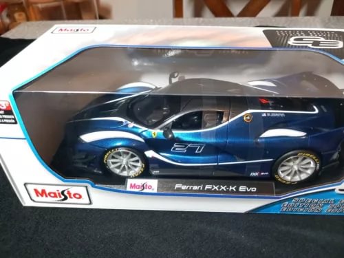 1:18 scale blue Ferrari FXX-K diecast model car in display box