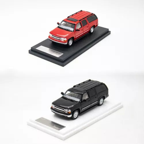 1:64 diecast suburban model cars: red and black on display bases