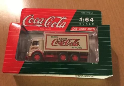 1:64 die-cast delivery truck toy in Coca-Cola themed box, tan and red