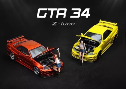 1:64 diecast metal sports car toy, red and yellow Skyline GTR R34 with figure