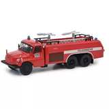 Red diecast fire truck model with white stripe and side ladder, front cab detail.