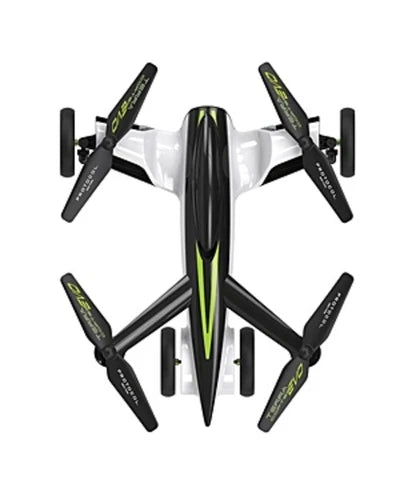 Quadcopter drone with four propellers, white body, black wing stripe and green accents