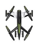 Quadcopter drone with four propellers, white body, black wing stripe and green accents