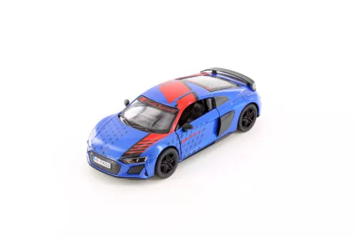 Blue and red diecast coupe model car with racing livery, front-left view