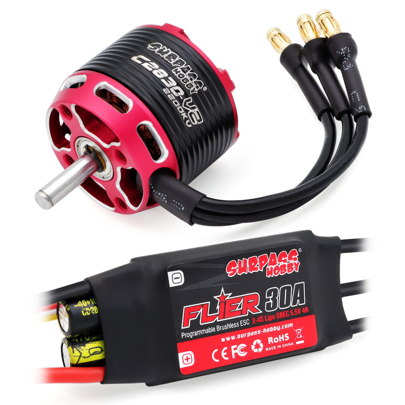 Brushless RC outrunner motor and 30A ESC with red/black wires and connectors