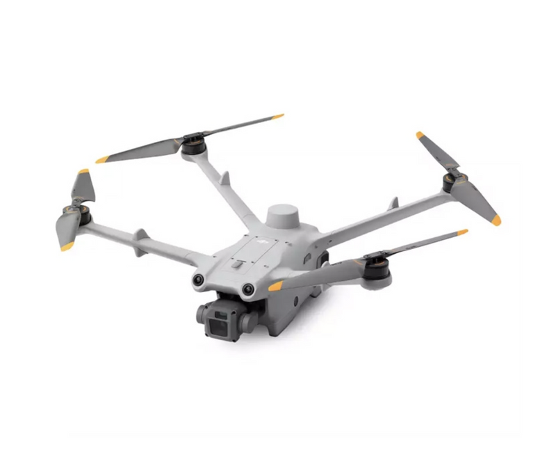 White mapping drone with four propellers and front camera module