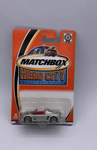 Matchbox Hero City diecast car in blister, silver sports car with black wheels