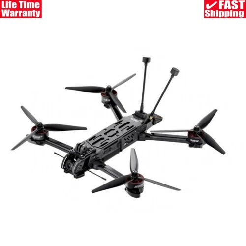 FPV quadcopter drone with four propellers and dual antennas, dark gray/black