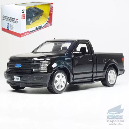 1:36 Ford F150 pickup truck diecast model car, black front 3/4 view