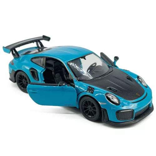 Blue diecast model car with open doors, Porsche 911 GT2 RS style, 1:36 scale