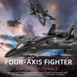 Dark gray RC fighter jet drone with landing gear and four propellers