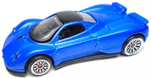 Blue diecast model sports car with black roof and hood, silver multi-spoke rims