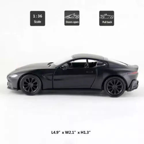 1:36 Aston Martin Vantage matte black diecast model car, side view