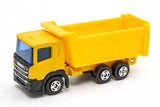 Yellow diecast tipper truck model with black cab and six wheels