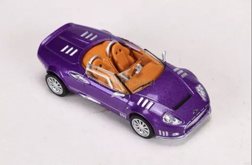 1/64 scale purple diecast sports car with orange interior