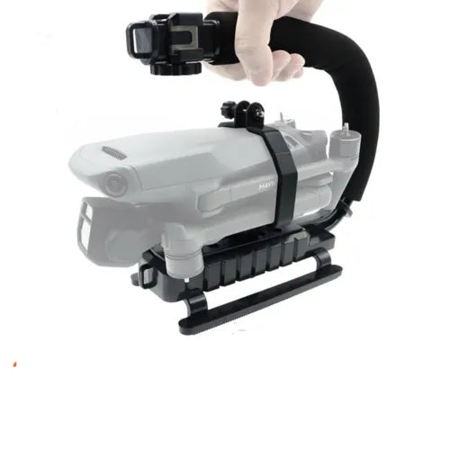 Handheld drone shooting bracket with black handle and white gimbal mount