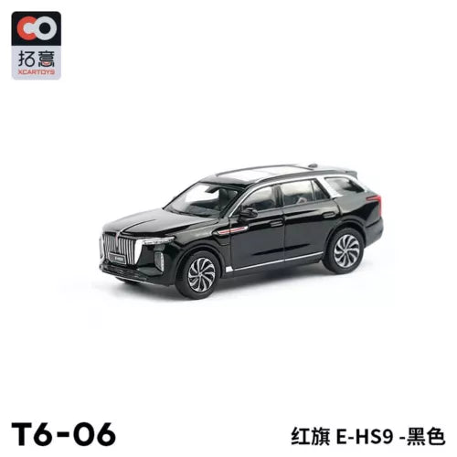 1/64 scale black HongQi E-HS9 diecast car model, front three-quarter view