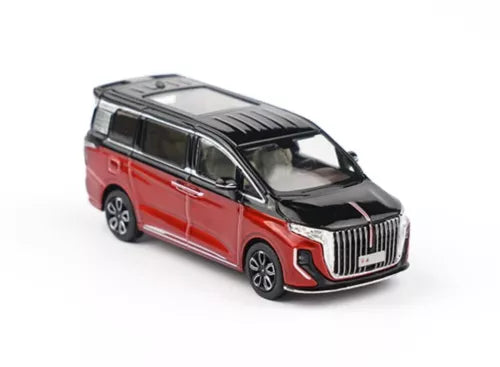 1:64 diecast mini van model, red and black, front three-quarter view
