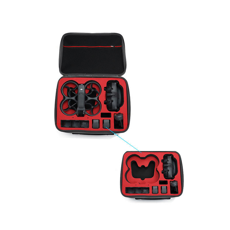 Compact drone case with red foam cutouts for drone and controller